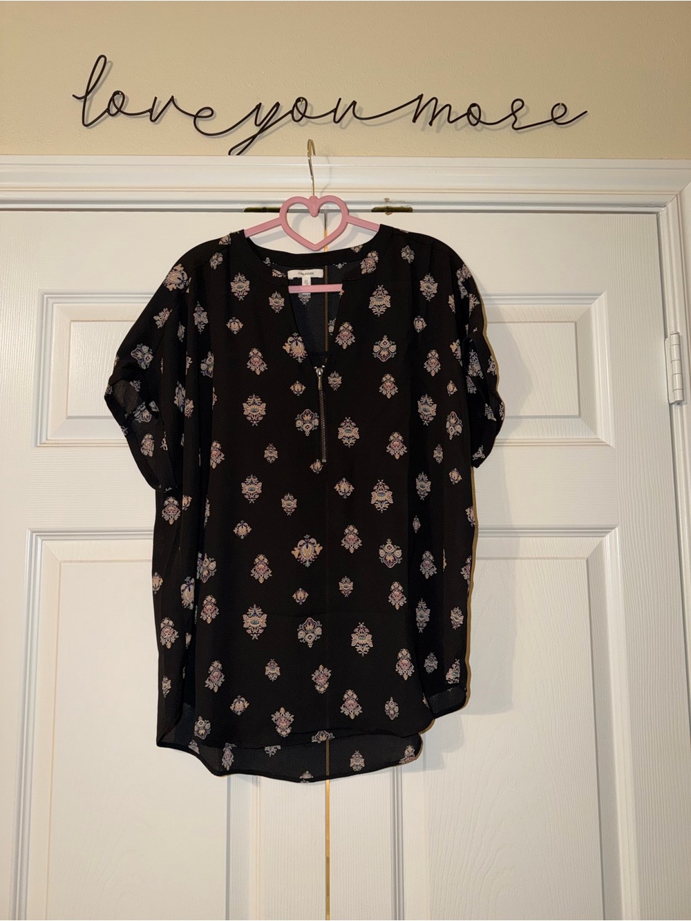 Maurices Black Short-Sleeve Printed V-Neck Blouse